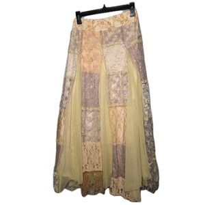 Free People Maxi Skirt Sz 4 Patchwork Asymmetrical Flowy Boho Cottage Gypsy READ